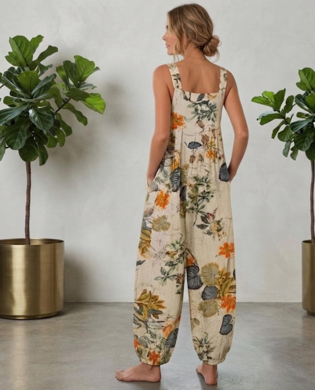 Floral Print Wide Leg Jumpsuit, Sleeveless Cotton Linen Boho Harem Romper - image 5