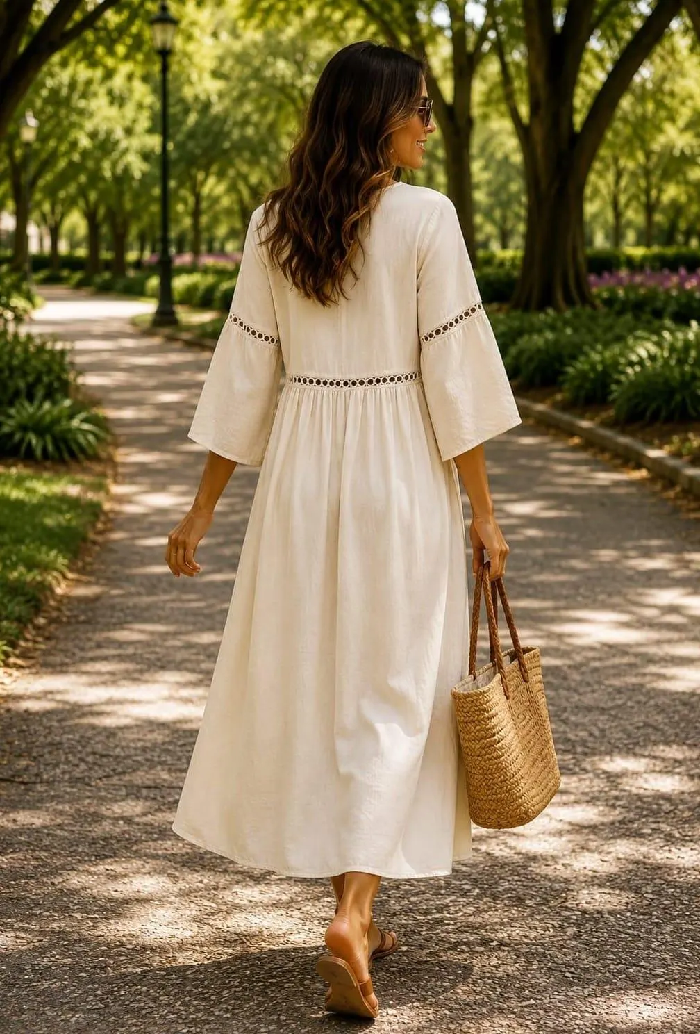 Boho Eyelet V-Neck Maxi Dress, Bell Sleeve Linen Blend Summer Beach Dress - image 2