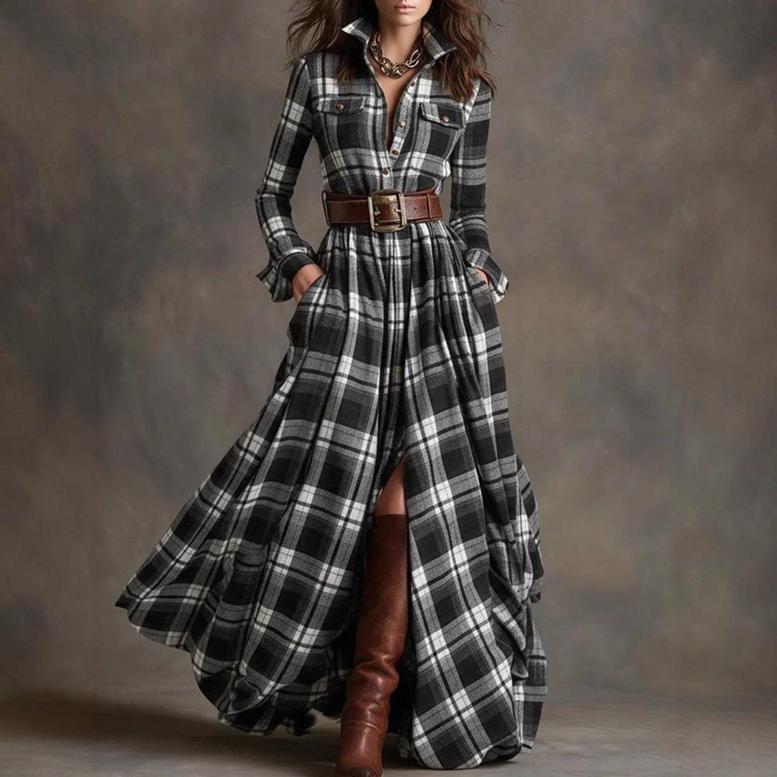 Vintage Plaid Maxi Shirt Dress, Belted Long Sleeve Tartan Outfit - image 5