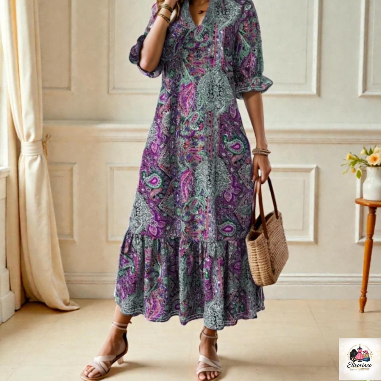 Boho Chic Plus Size V-Neck Maxi Dress || Ethnic Print || Fall and All year round - image 4