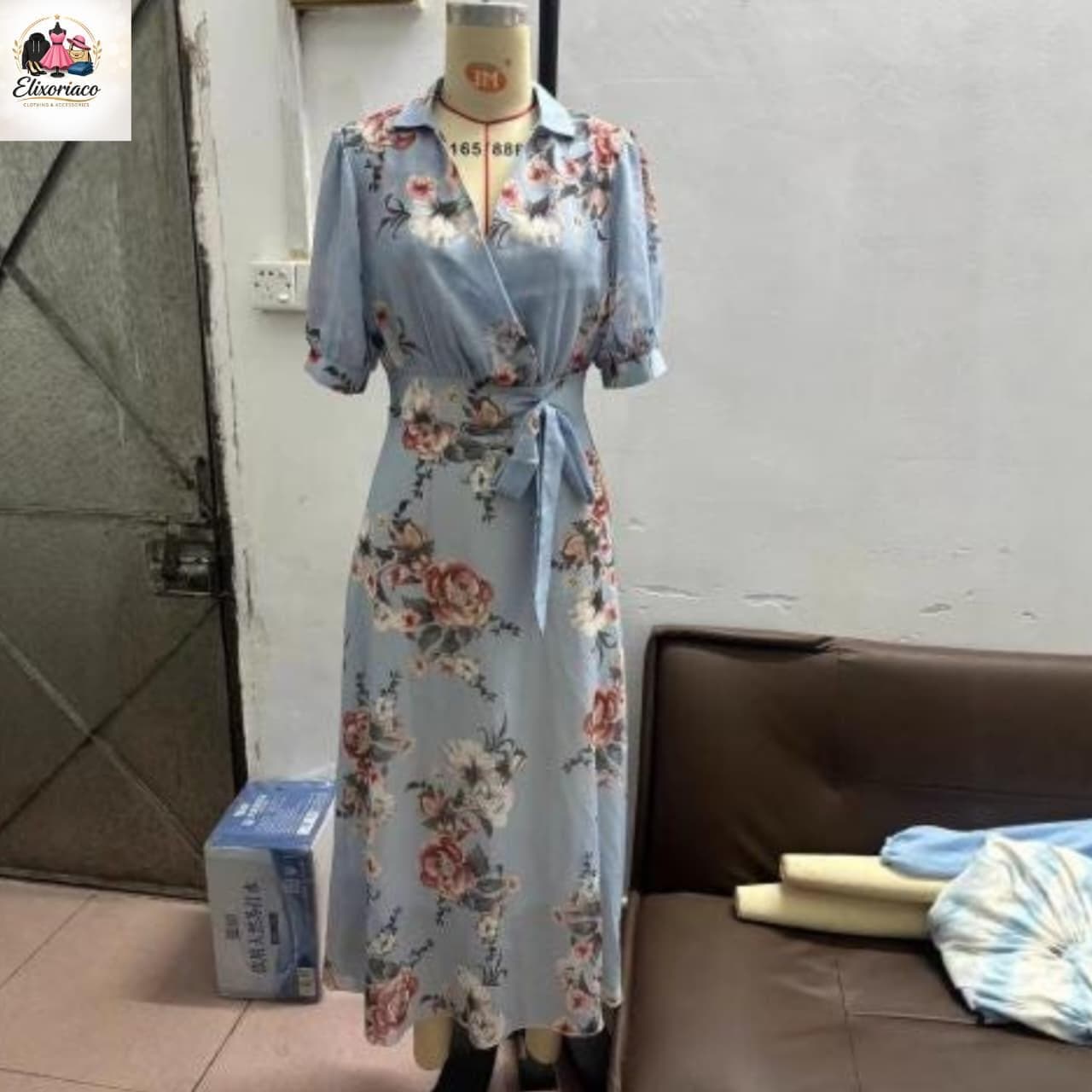 Blue Floral Wrap Maxi Dress, Elegant Boho Summer Wedding Guest Outfit - image 4