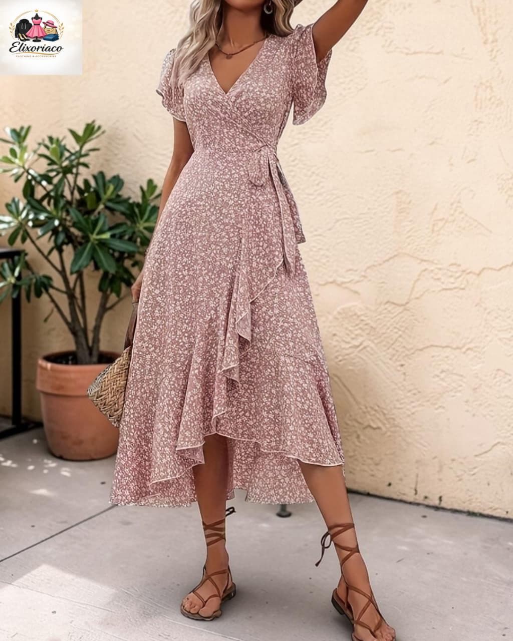 Floral Wrap Maxi Dress, V-Neck Ruffle Summer Boho Beach Dress - image 5