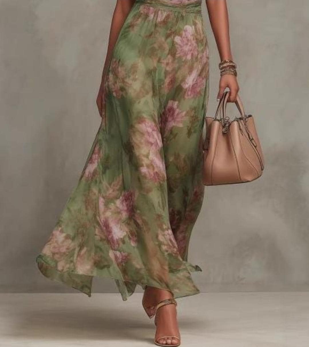 Floral Mesh Maxi Dress, Green Halter Neck Dress, Flowing Summer Dress, Elegant High Waist Evening Dress, Garden Party Outfit - image 4