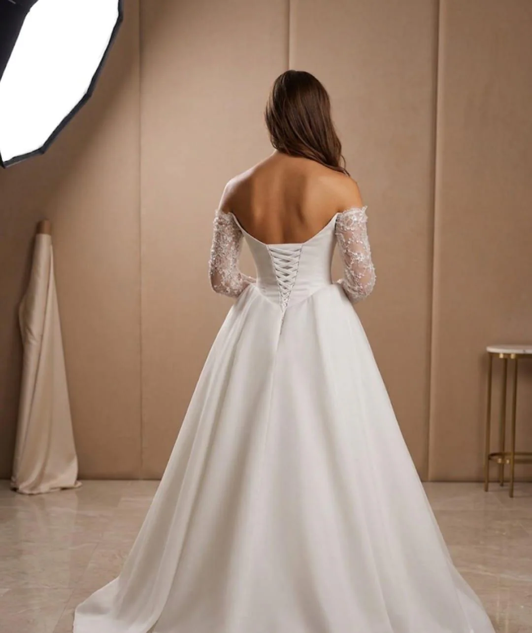Off-Shoulder Lace Sleeve Wedding Dress, Satin Corset Ball Gown, High Slit Bridal Gown - image 5