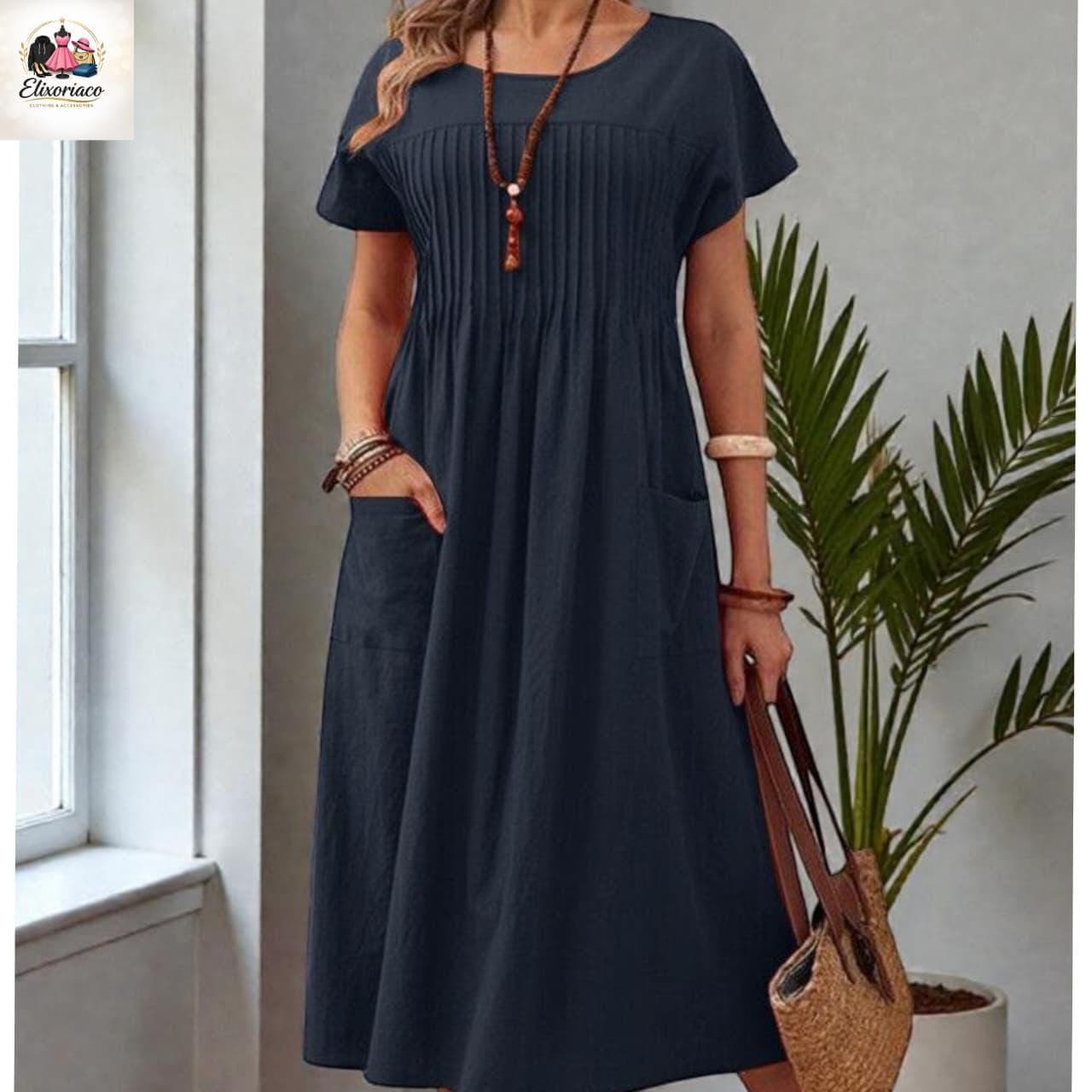 Green Pleated Midi Dress Women Casual Loose Fit Short Sleeve Pocket Dress Summer Outfit - image 5