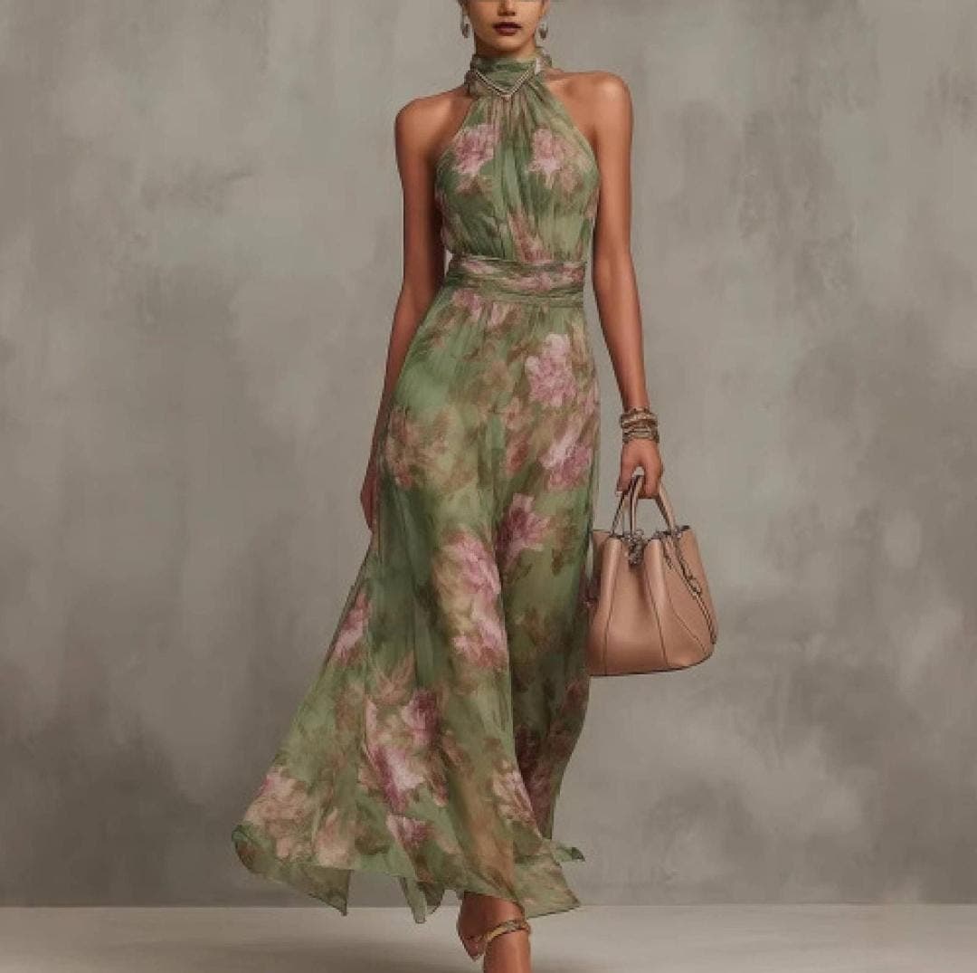 Floral Mesh Maxi Dress, Green Halter Neck Dress, Flowing Summer Dress, Elegant High Waist Evening Dress, Garden Party Outfit