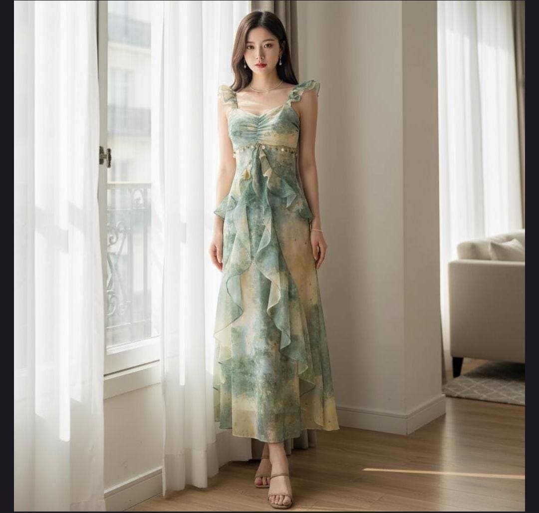 Green Boho Maxi Dress, Ruffle Strap Summer Beach Vacation Outfit - image 4