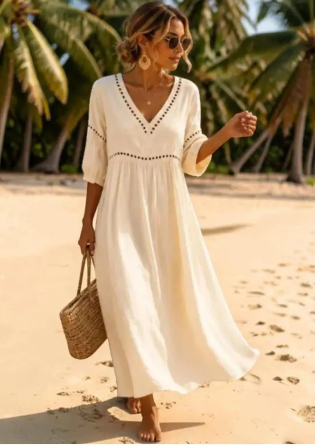 Boho Eyelet V-Neck Maxi Dress, Bell Sleeve Linen Blend Summer Beach Dress - image 3