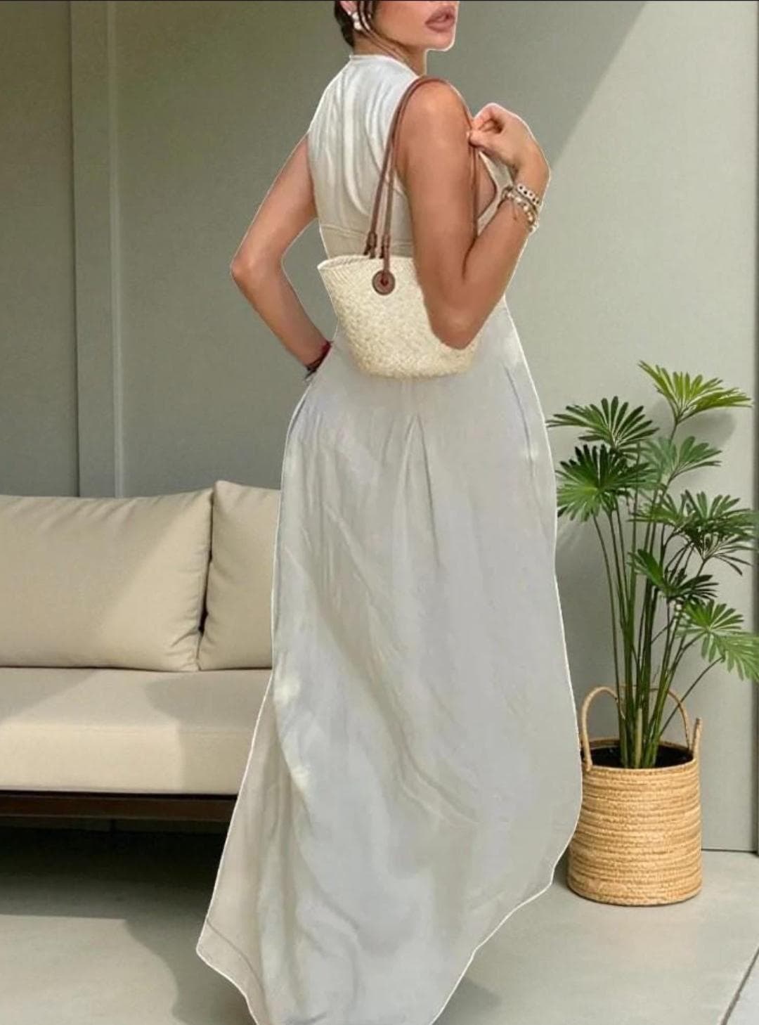 Olive Green Sleeveless Jumpsuit, Wide Leg, Deep V Neck, Minimal Style Outfit - image 5