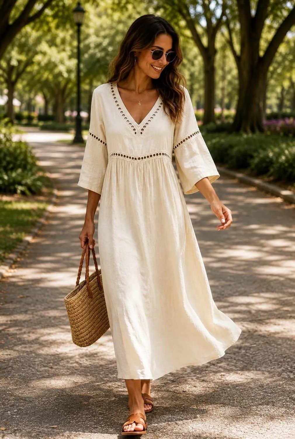 Boho Eyelet V-Neck Maxi Dress, Bell Sleeve Linen Blend Summer Beach Dress