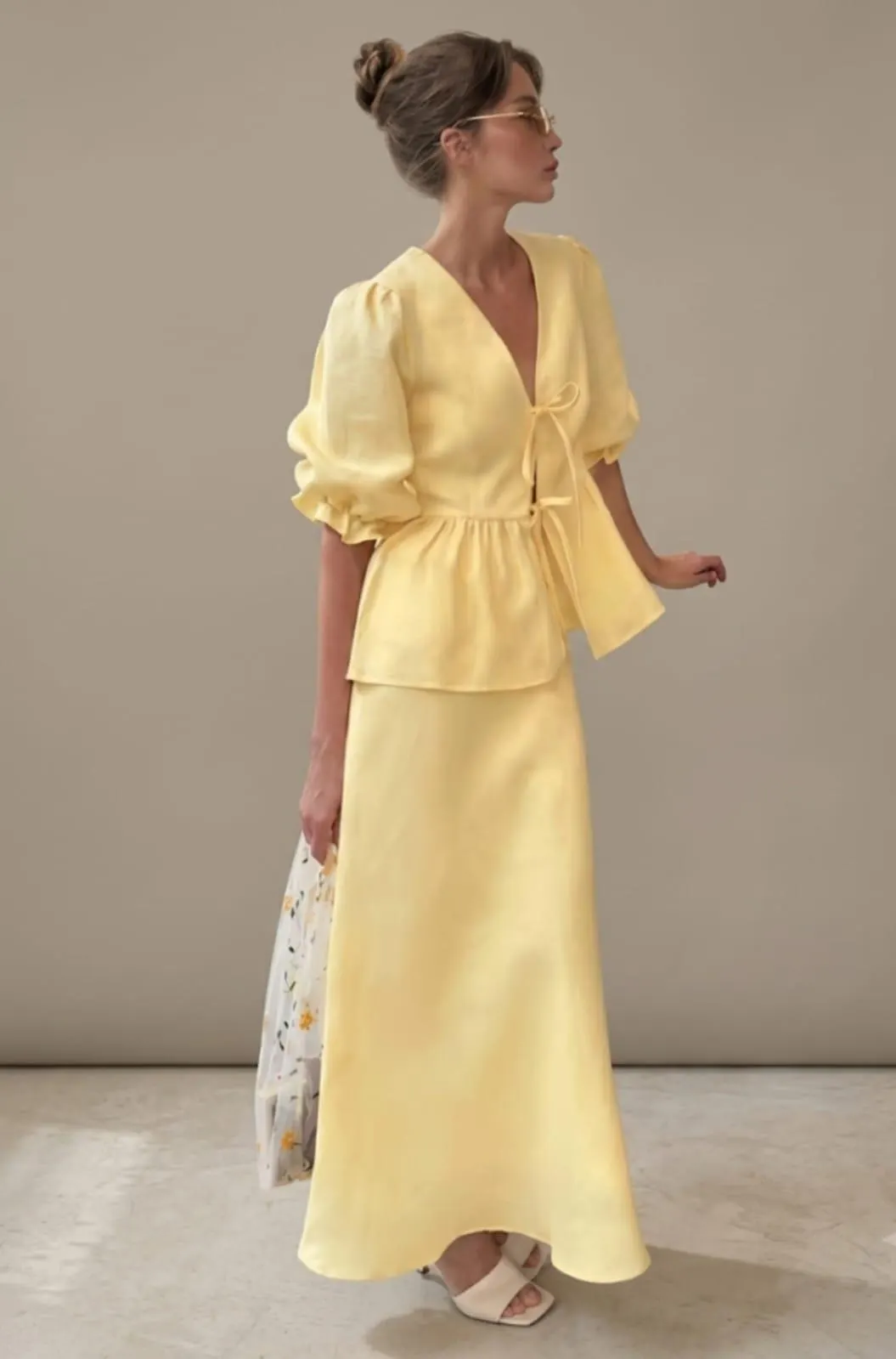 Cotton Puff Sleeve Peplum Top and Maxi Skirt Set, V Neck Tie Front Cottagecore Outfit