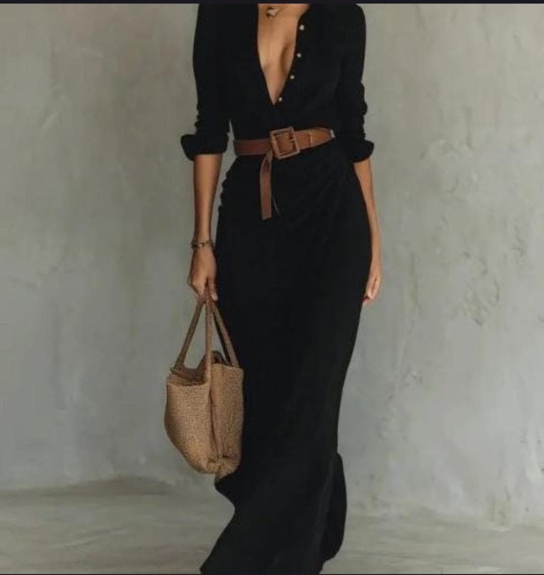 Navy Blue Maxi Dress, Deep V Neck Long Sleeve, Elegant Flowy Evening Wear - image 4