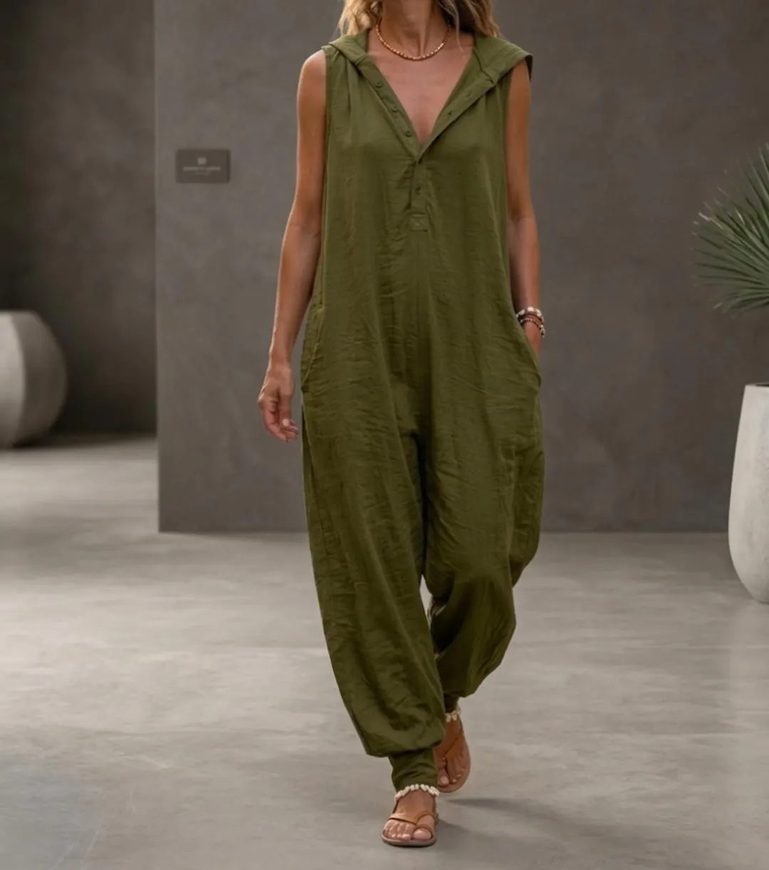 Hooded Sleeveless Jumpsuit, Wide Leg Harem Romper, Boho Summer Vacation Outfit - image 2