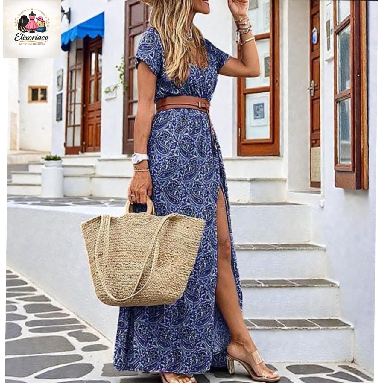 Boho Floral Maxi Dress, V-Neck Short Sleeve, Flowy Beach Vacation Outfit - image 5