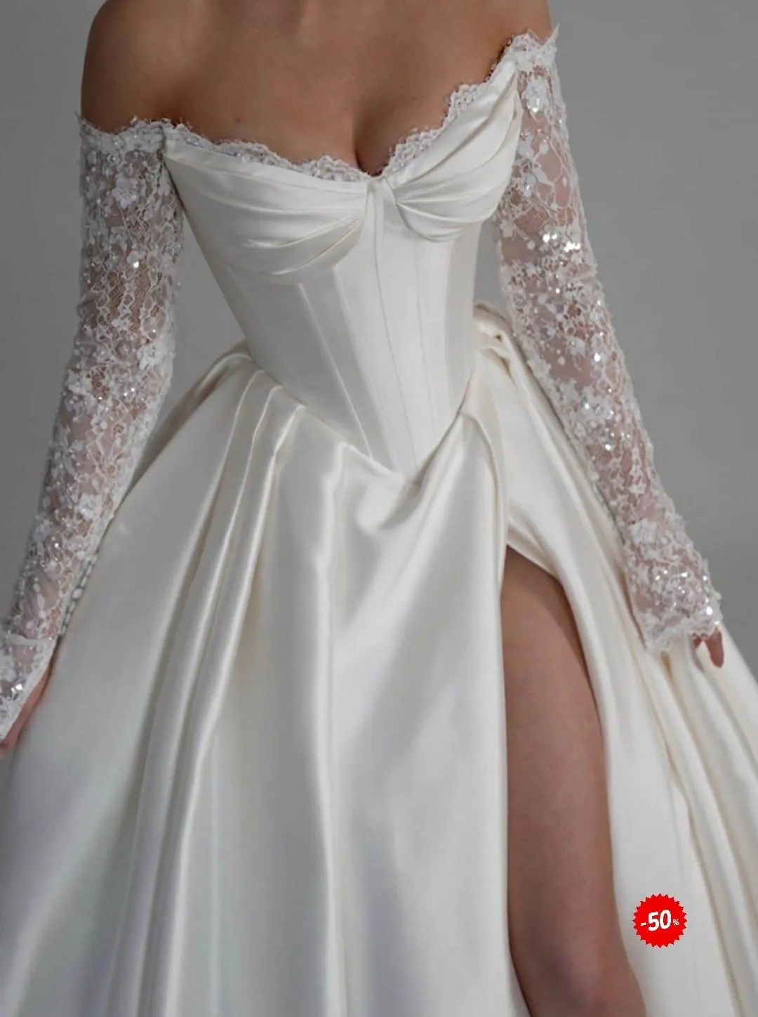 Off-Shoulder Lace Sleeve Wedding Dress, Satin Corset Ball Gown, High Slit Bridal Gown - image 4