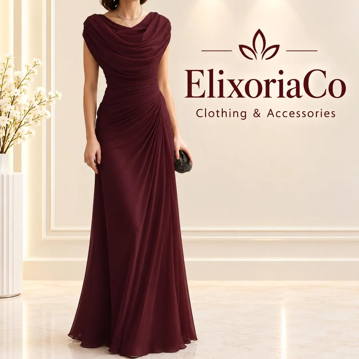 Cowl Neck Chiffon Maxi Dress, Ruched Waist Evening Gown, Mother of the Bride Formal Dress