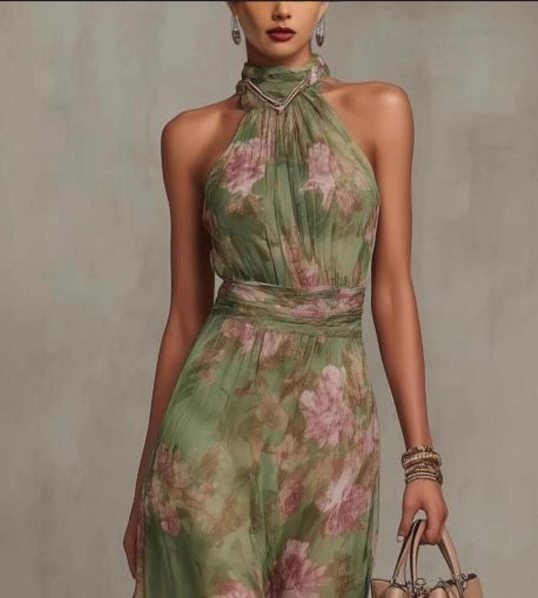 Floral Mesh Maxi Dress, Green Halter Neck Dress, Flowing Summer Dress, Elegant High Waist Evening Dress, Garden Party Outfit - image 3