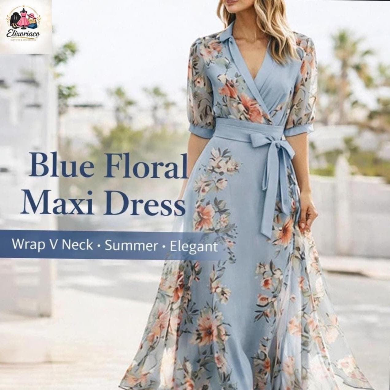 Blue Floral Wrap Maxi Dress, Elegant Boho Summer Wedding Guest Outfit