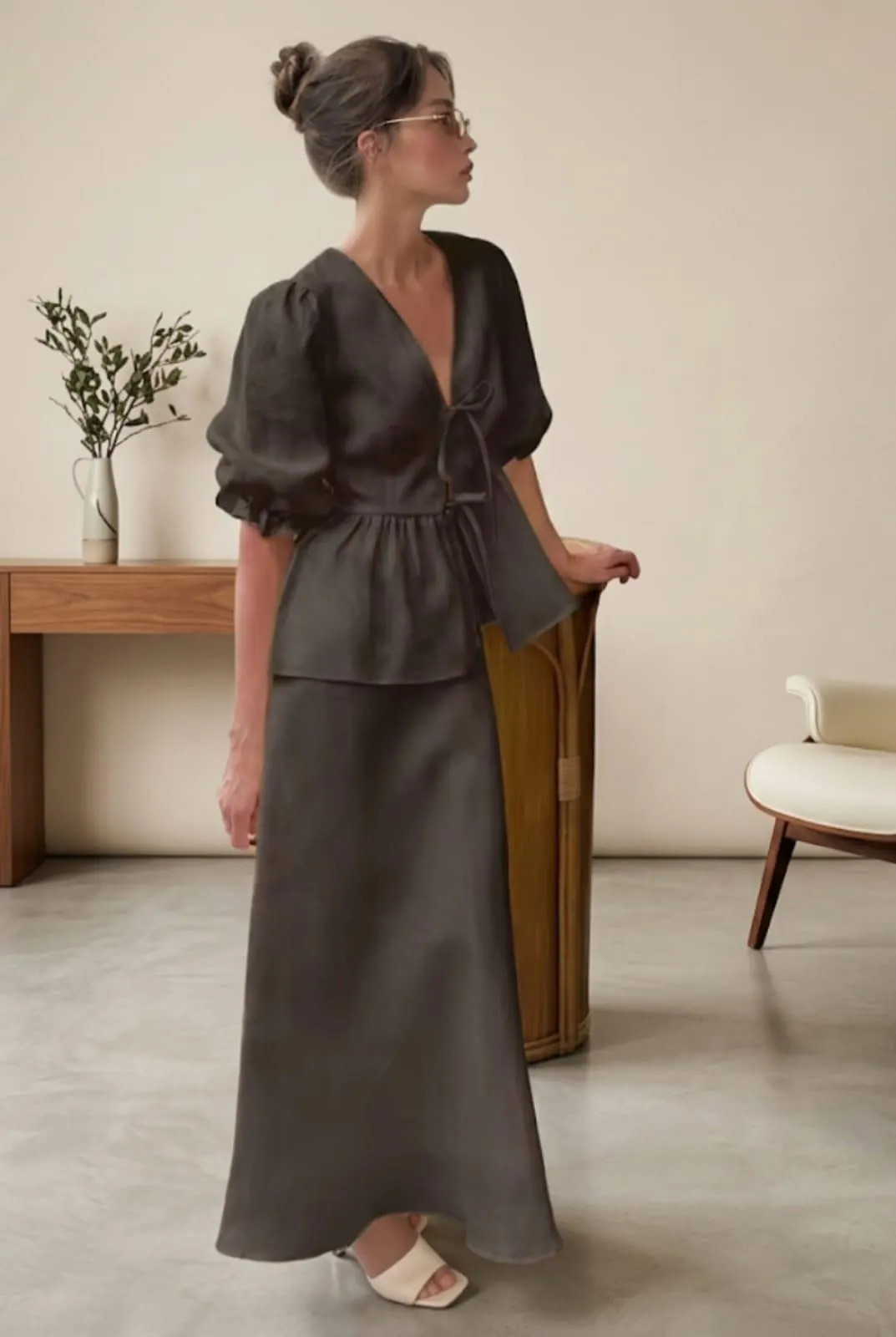 Cotton Puff Sleeve Peplum Top and Maxi Skirt Set, V Neck Tie Front Cottagecore Outfit - image 5