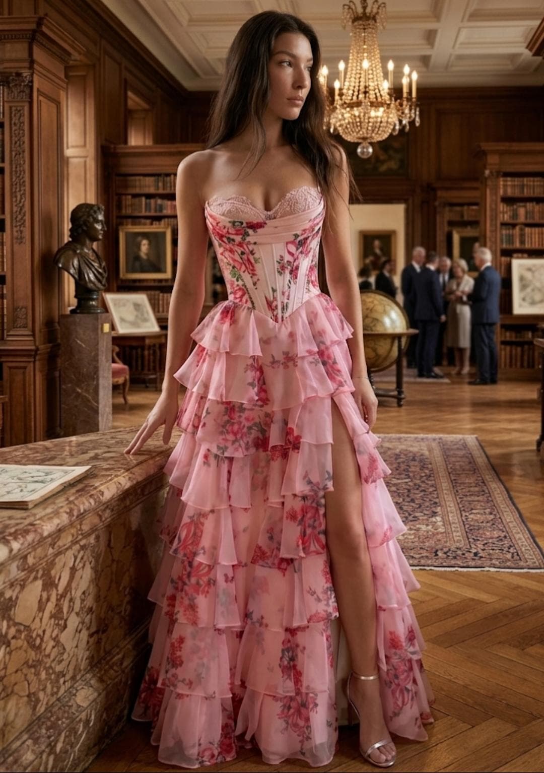 Blue Floral Corset Gown, Strapless Sweetheart Tiered Ruffle Ball Prom Dress - image 4