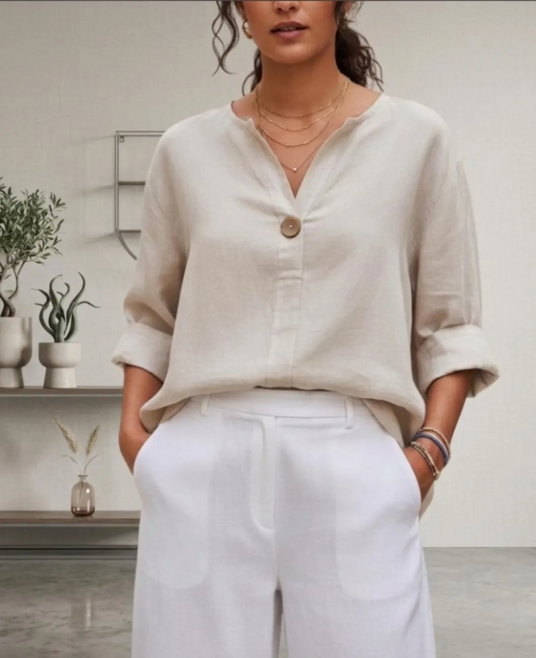 Linen V-Neck Blouse, Oversized Button Top, Roll-Up Sleeve Shirt, Boho Minimalist Tunic - image 3