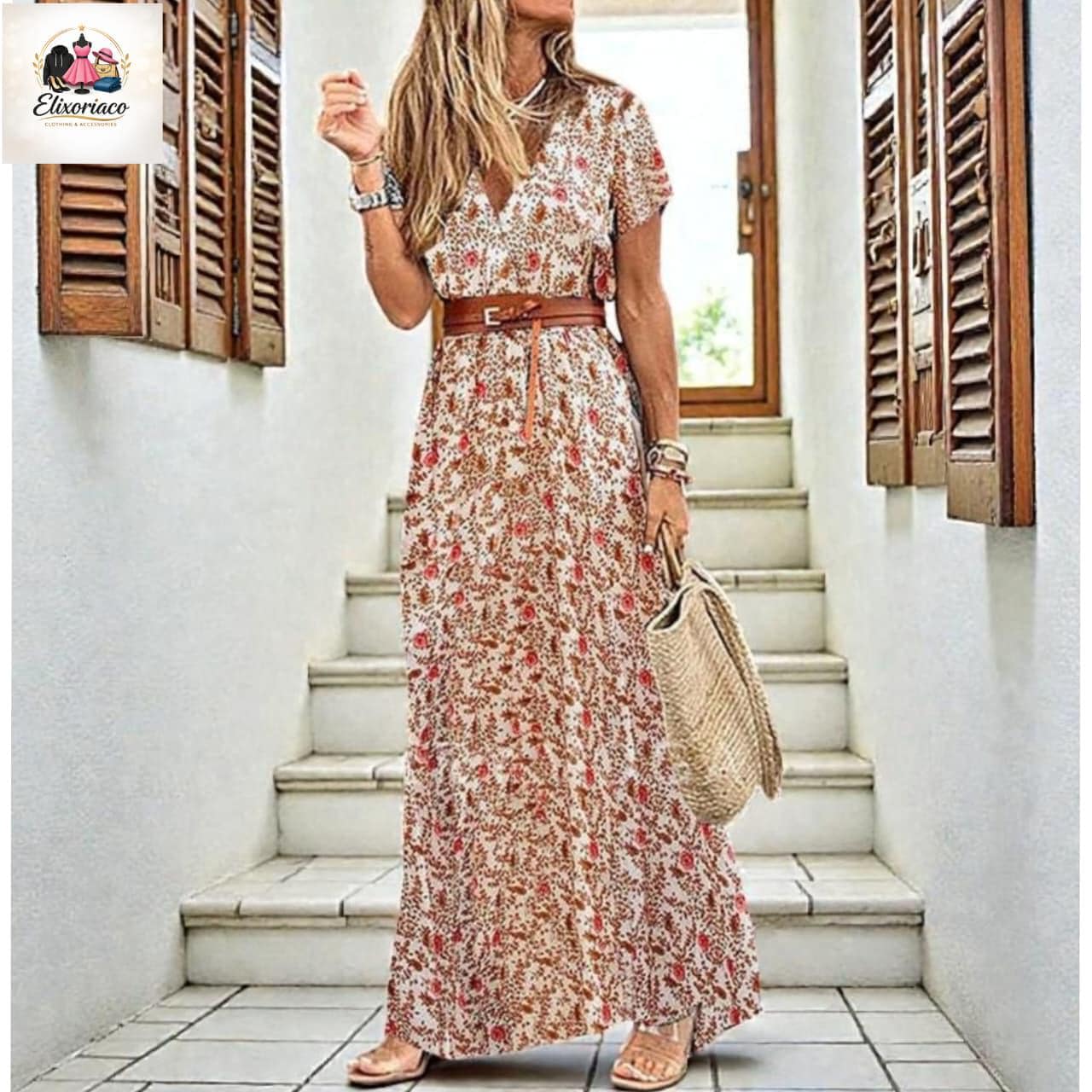 Boho Floral Maxi Dress, V-Neck Short Sleeve, Flowy Beach Vacation Outfit