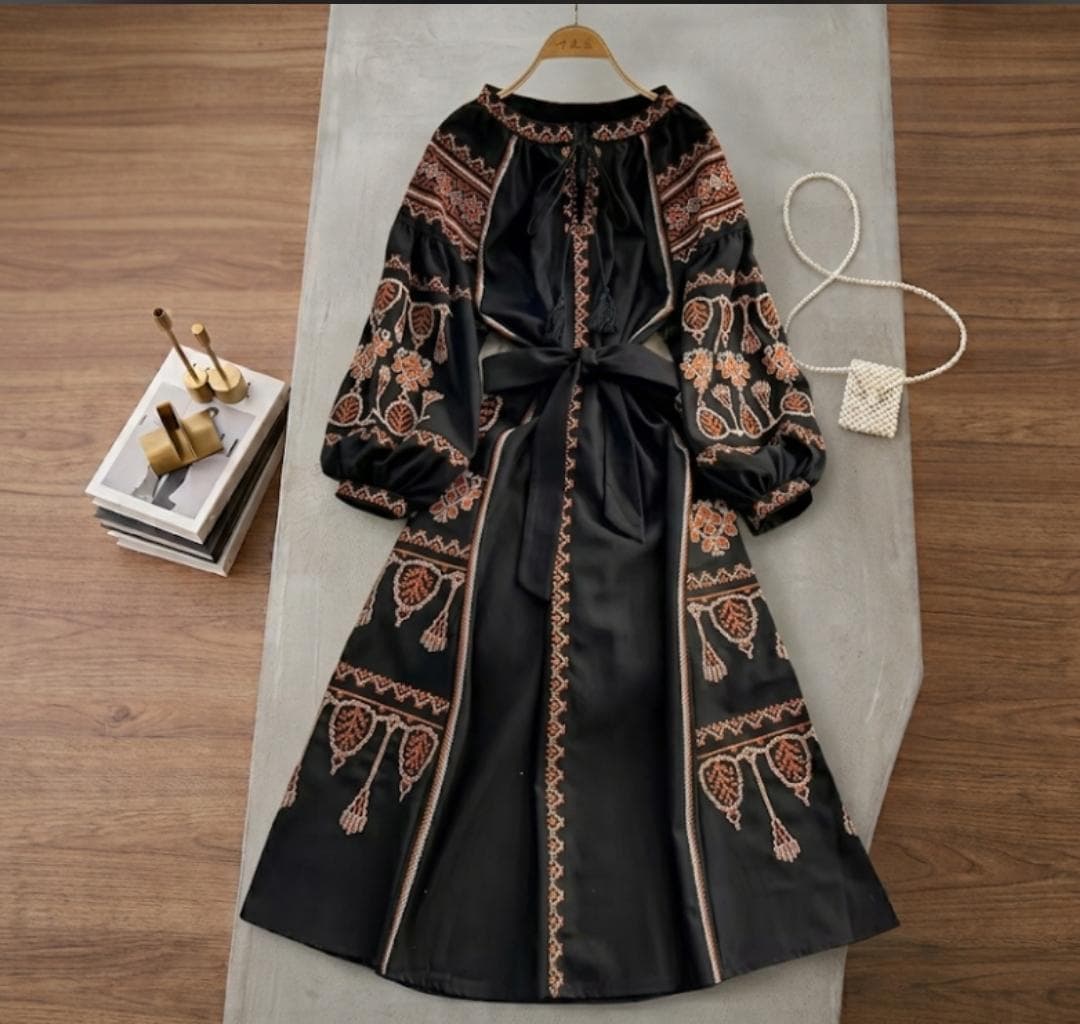 Embroidered Boho Maxi Dress, Cross-Stitch Linen Peasant Dress, Puff Sleeve Folk Style - image 5