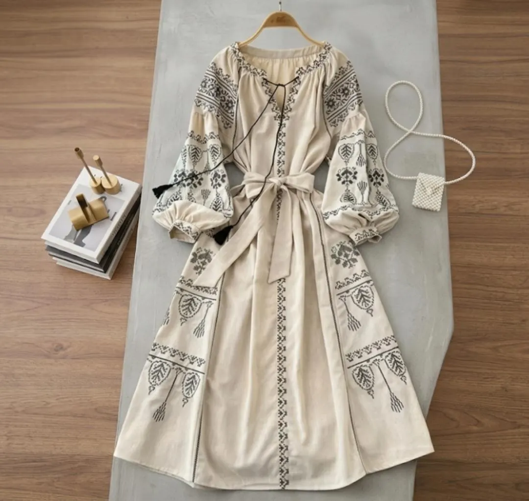 Embroidered Boho Maxi Dress, Cross-Stitch Linen Peasant Dress, Puff Sleeve Folk Style - image 2