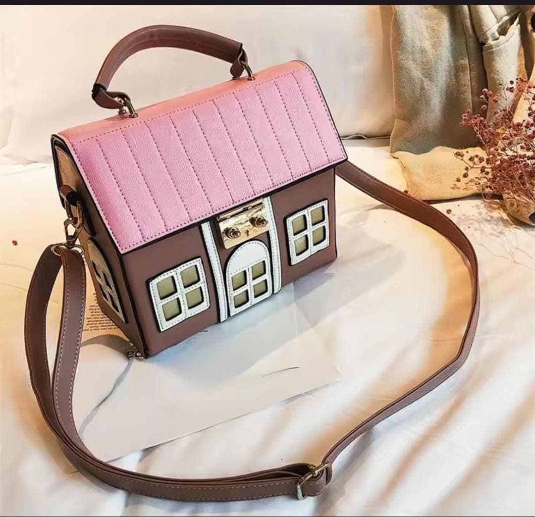 House Purse: Vegan Faux Leather Crossbody Bag , pink roof bag - image 5