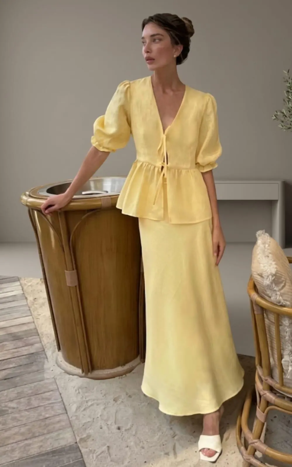Cotton Puff Sleeve Peplum Top and Maxi Skirt Set, V Neck Tie Front Cottagecore Outfit - image 2