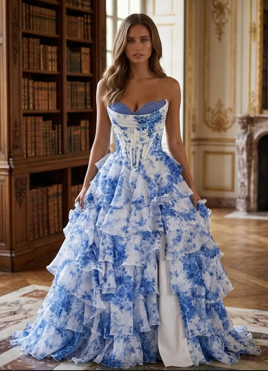 Blue Floral Corset Gown, Strapless Sweetheart Tiered Ruffle Ball Prom Dress - image 5