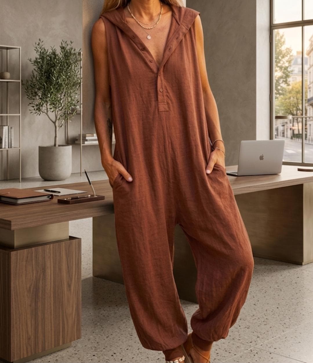 Hooded Sleeveless Jumpsuit, Wide Leg Harem Romper, Boho Summer Vacation Outfit - image 4