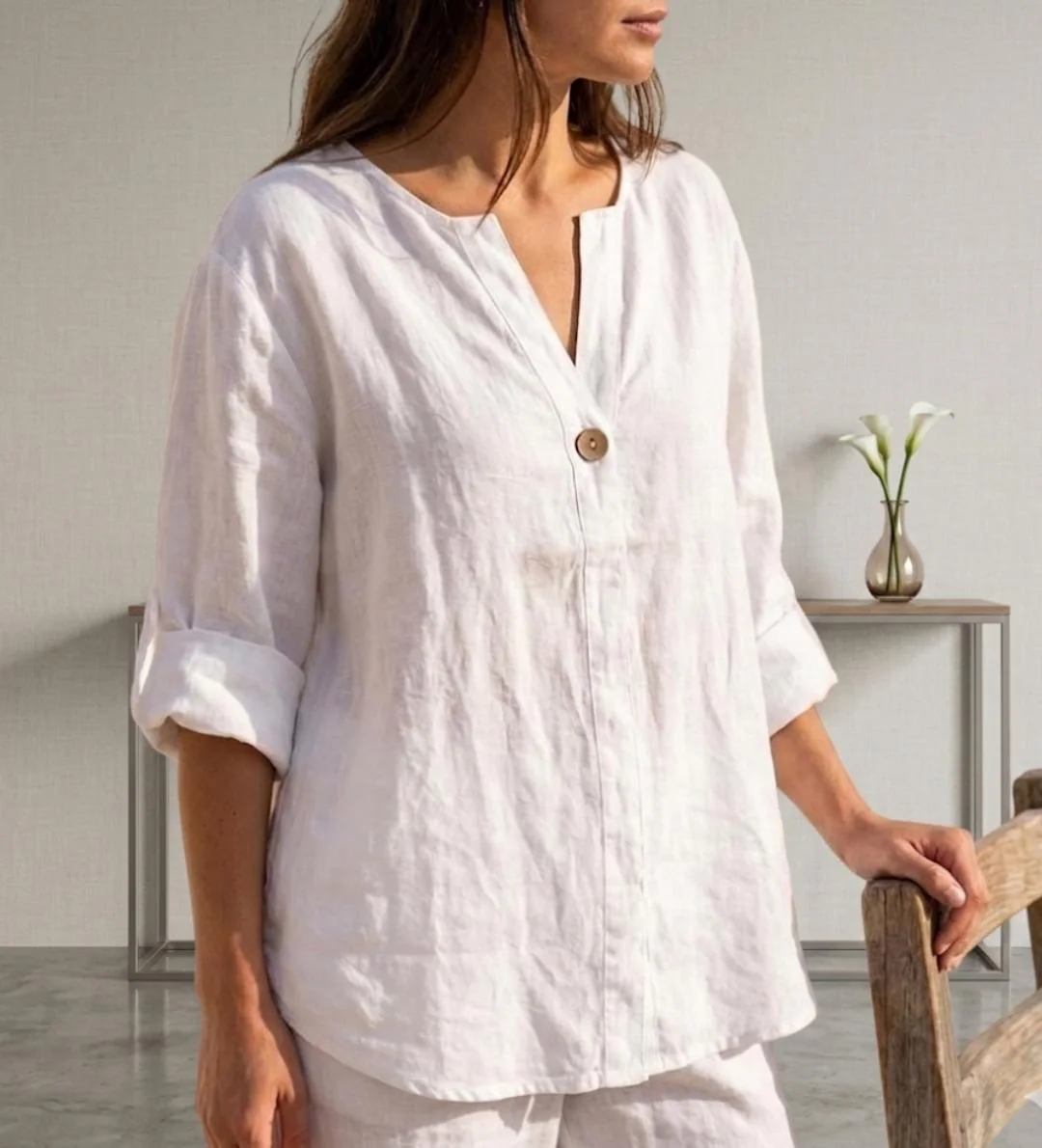 Linen V-Neck Blouse, Oversized Button Top, Roll-Up Sleeve Shirt, Boho Minimalist Tunic