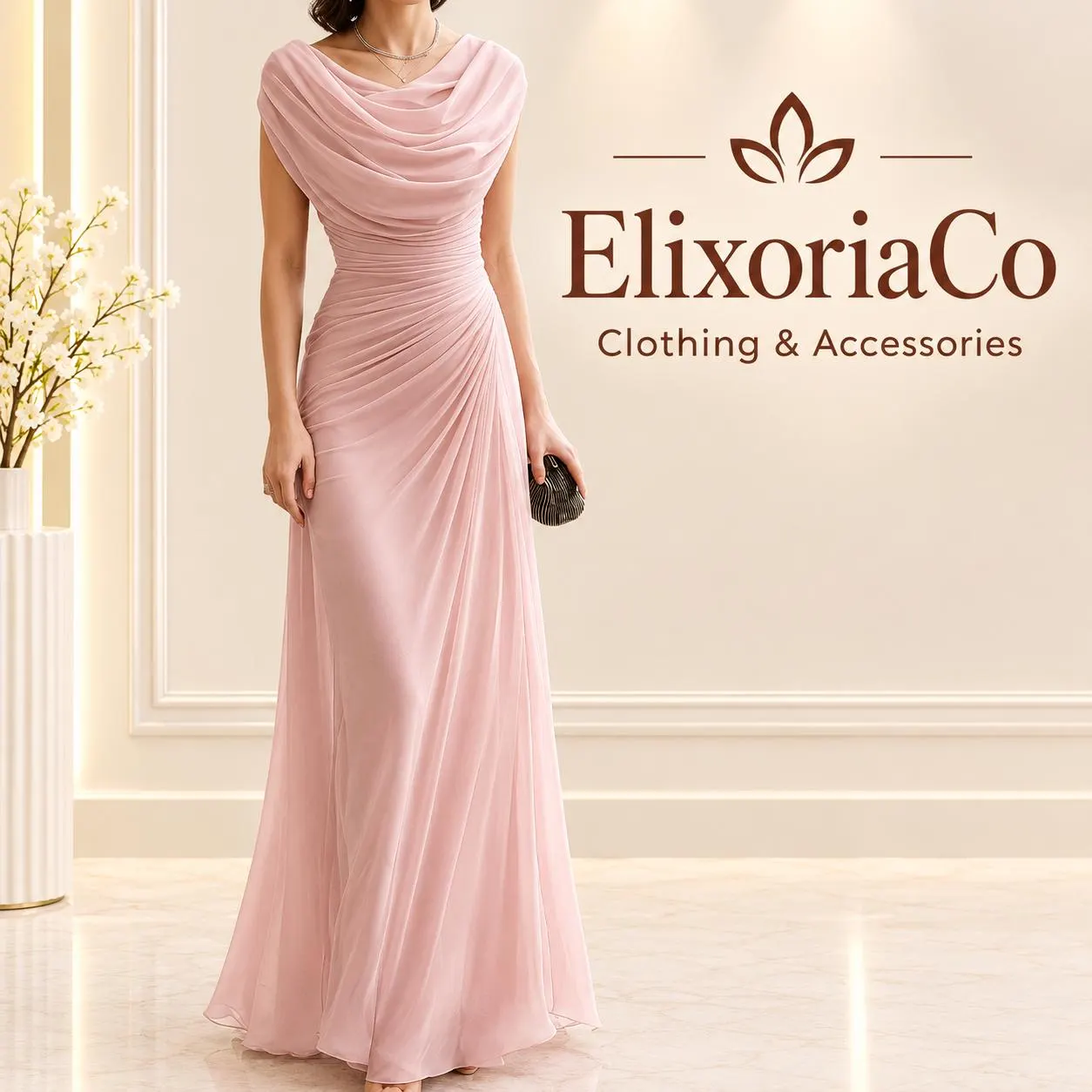 Cowl Neck Chiffon Maxi Dress, Ruched Waist Evening Gown, Mother of the Bride Formal Dress - image 4