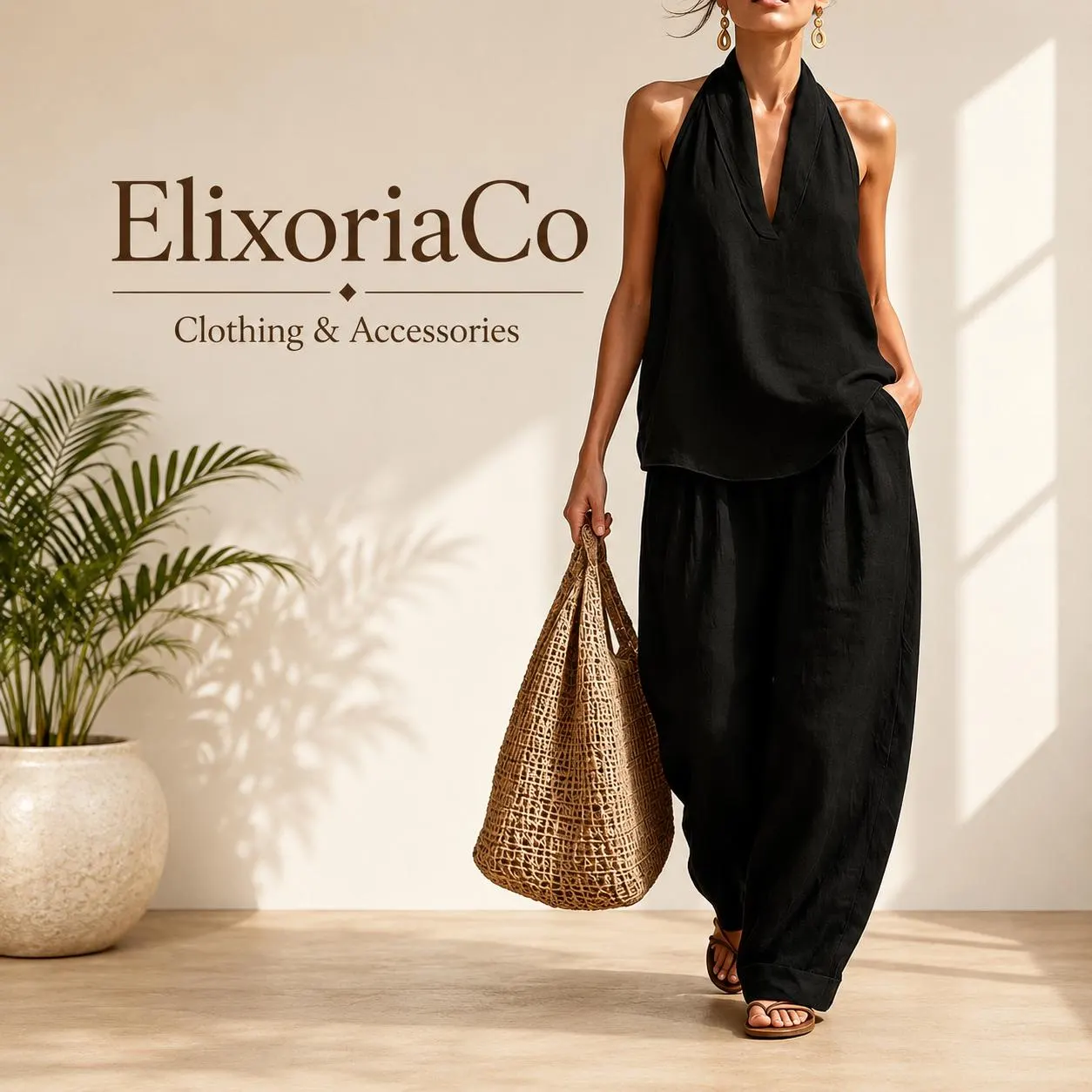 Boho Summer Two-Piece Set, Polyester Halter Top, Wide Leg Palazzo Pants - image 5