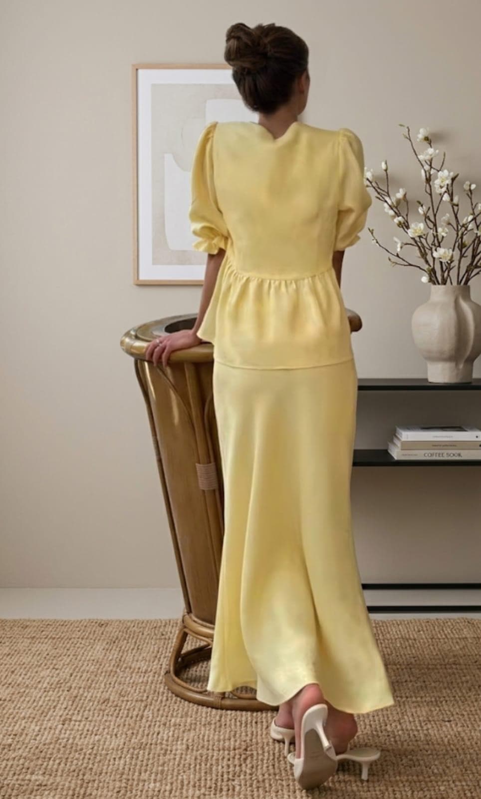 Cotton Puff Sleeve Peplum Top and Maxi Skirt Set, V Neck Tie Front Cottagecore Outfit - image 3