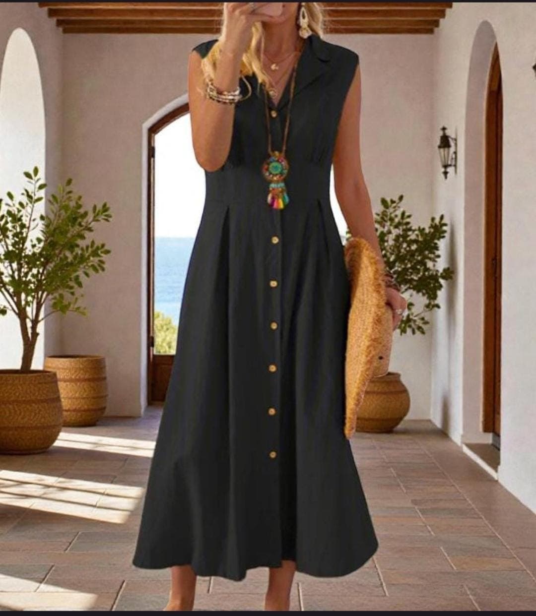 Yellow Midi Dress: Sleeveless Button Front A-Line Boho Vacation Outfit - image 5