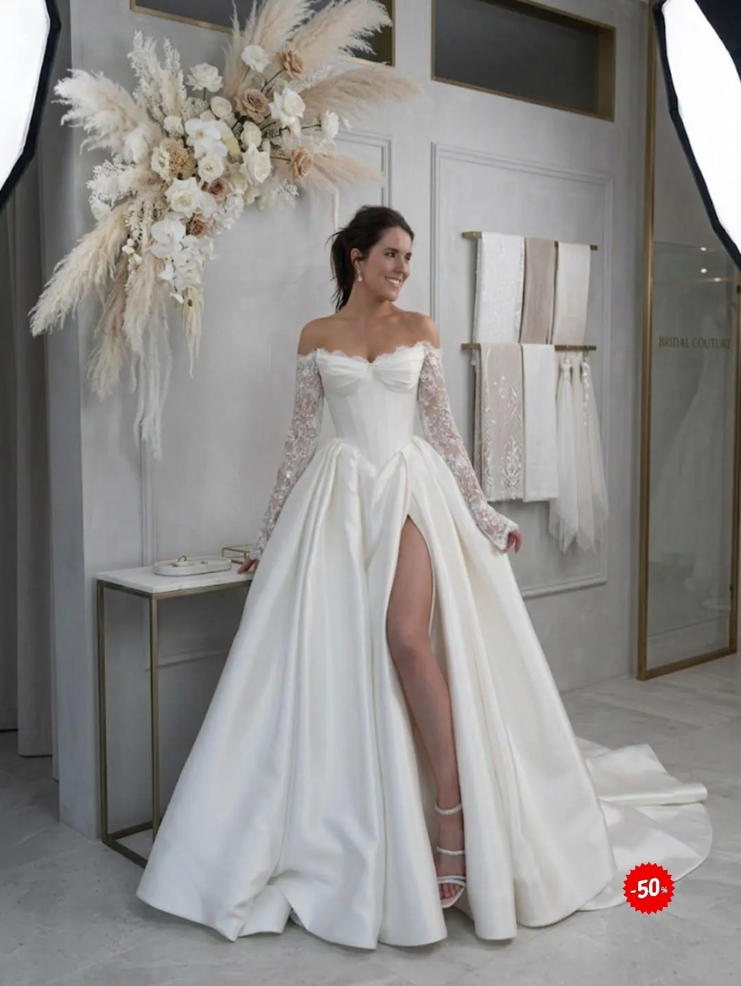 Off-Shoulder Lace Sleeve Wedding Dress, Satin Corset Ball Gown, High Slit Bridal Gown