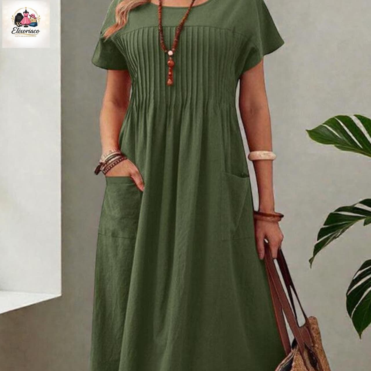 Green Pleated Midi Dress Women Casual Loose Fit Short Sleeve Pocket Dress Summer Outfit