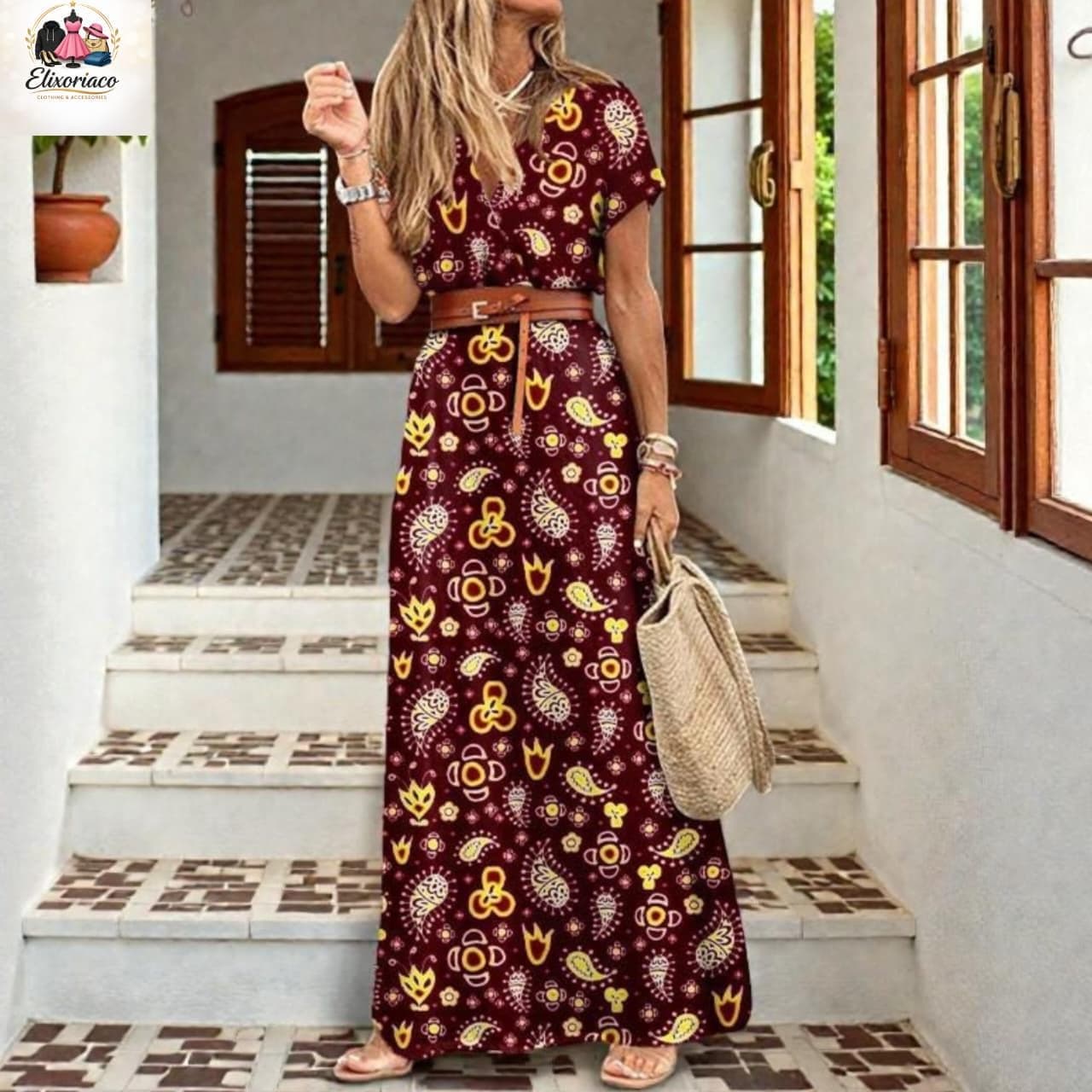 Boho Floral Maxi Dress, V-Neck Short Sleeve, Flowy Beach Vacation Outfit - image 3