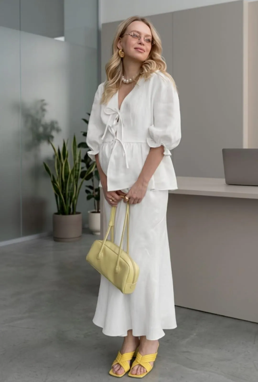 Cotton Puff Sleeve Peplum Top and Maxi Skirt Set, V Neck Tie Front Cottagecore Outfit - image 4