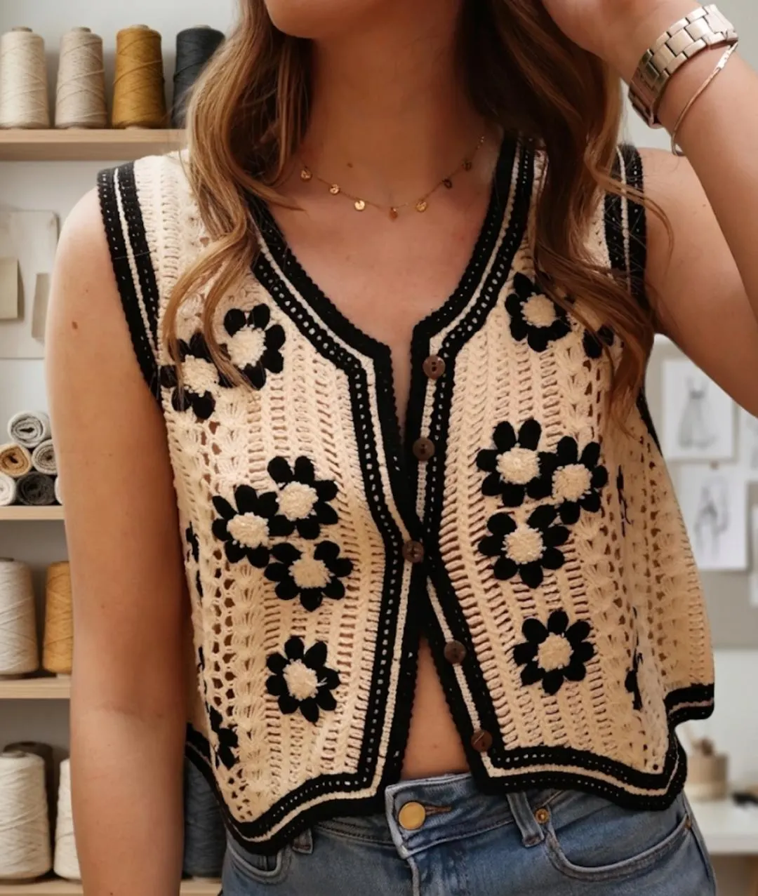 Crocheted Flower Vest, Cream Black Button Down Knit Top, Boho Summer Sleeveless Shirt