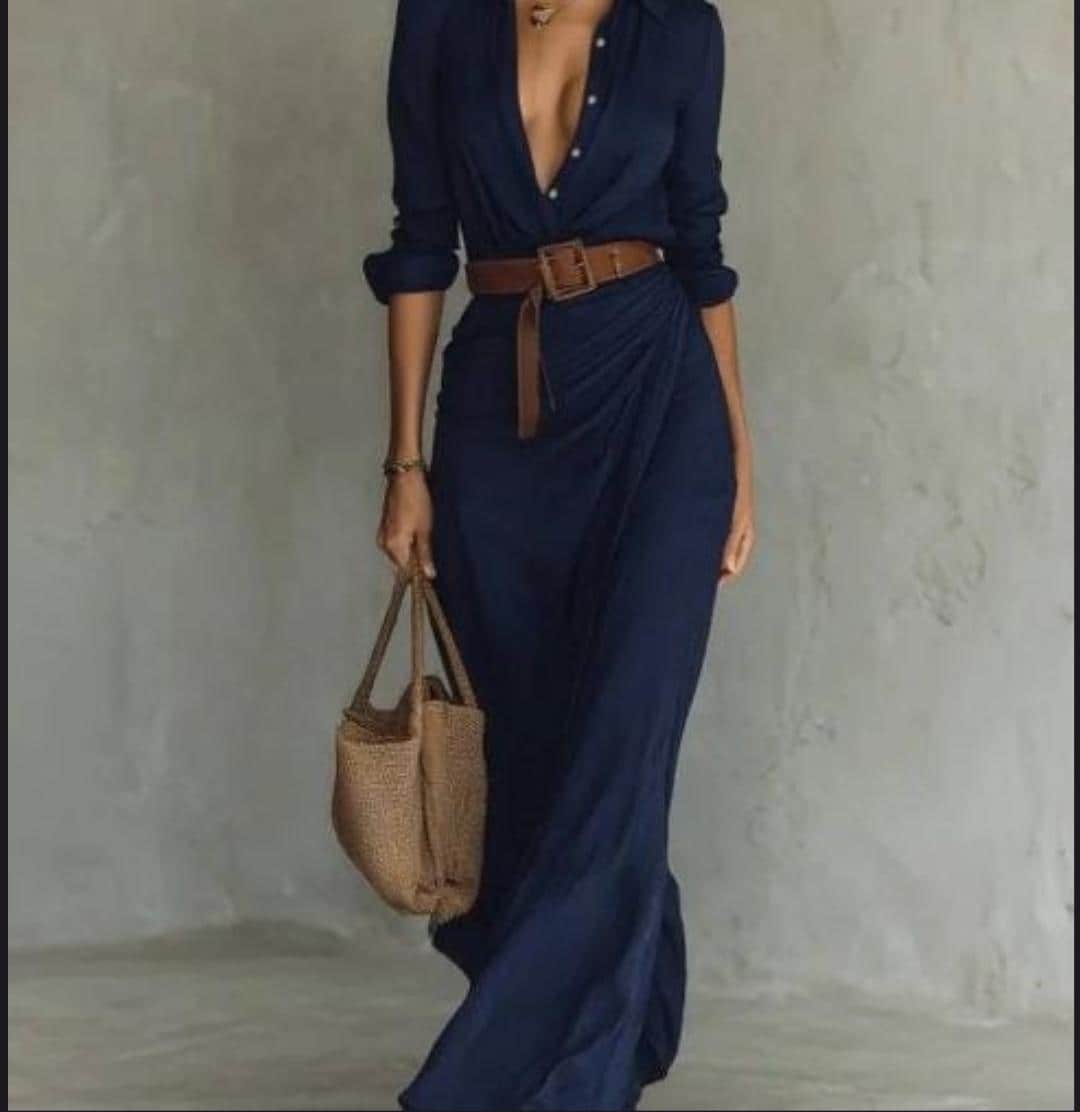 Navy Blue Maxi Dress, Deep V Neck Long Sleeve, Elegant Flowy Evening Wear