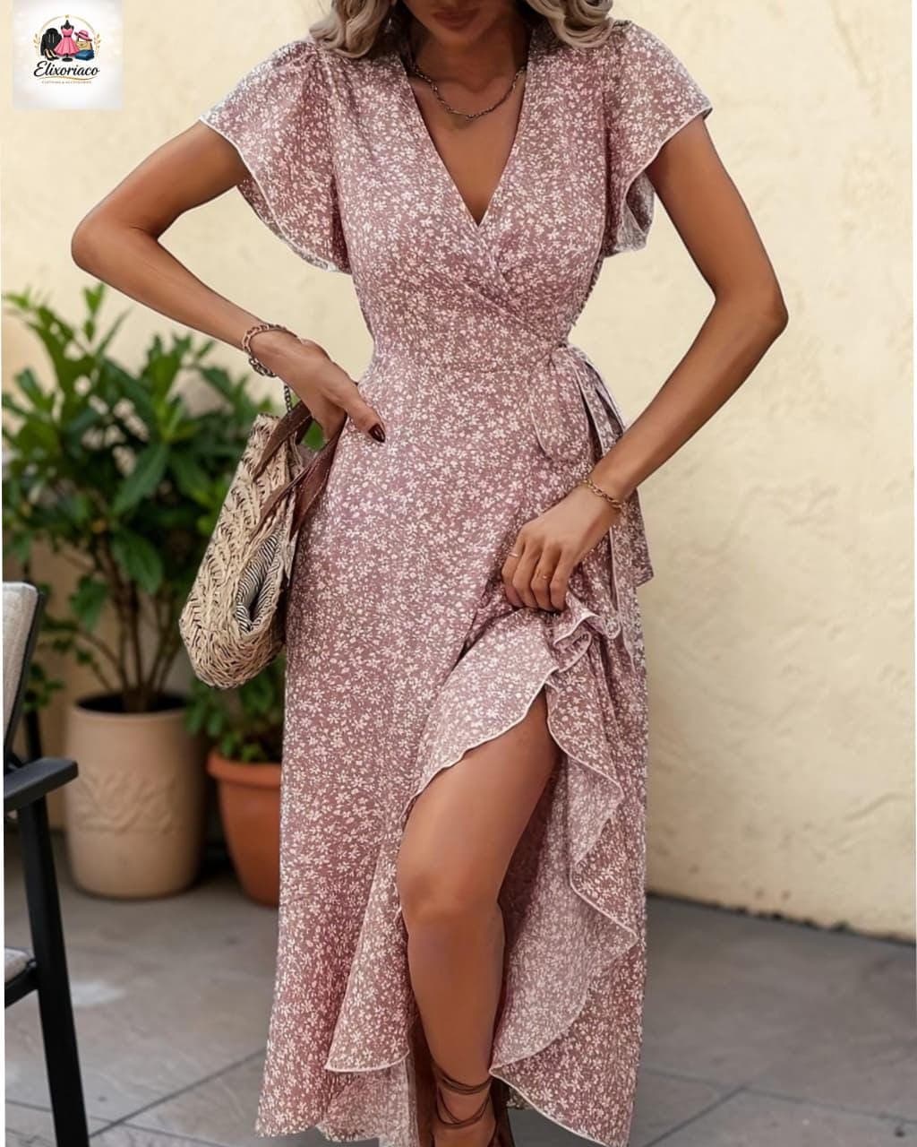 Floral Wrap Maxi Dress, V-Neck Ruffle Summer Boho Beach Dress
