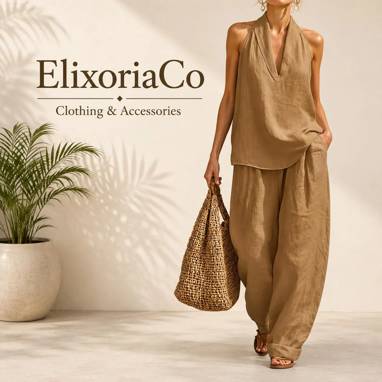 Boho Summer Two-Piece Set, Polyester Halter Top, Wide Leg Palazzo Pants