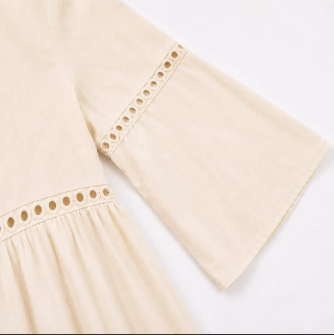 Boho Eyelet V-Neck Maxi Dress, Bell Sleeve Linen Blend Summer Beach Dress - image 4