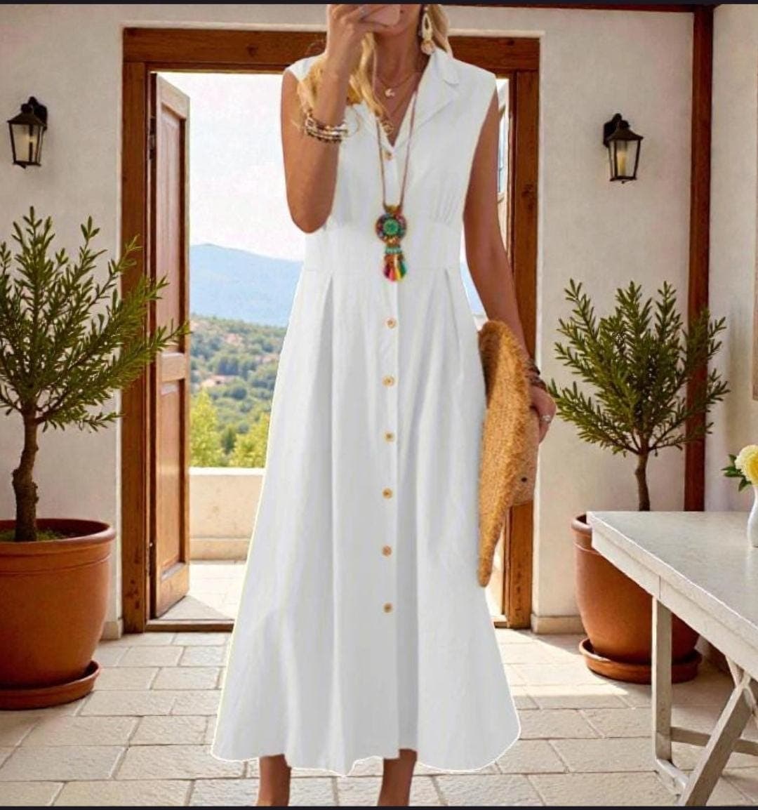 Yellow Midi Dress: Sleeveless Button Front A-Line Boho Vacation Outfit - image 4