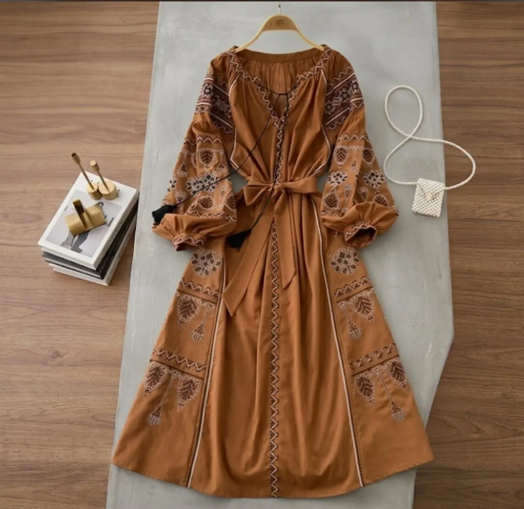 Embroidered Boho Maxi Dress, Cross-Stitch Linen Peasant Dress, Puff Sleeve Folk Style - image 3
