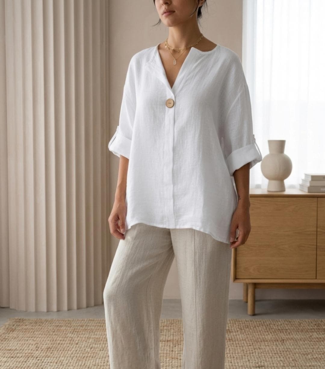 Linen V-Neck Blouse, Oversized Button Top, Roll-Up Sleeve Shirt, Boho Minimalist Tunic - image 5