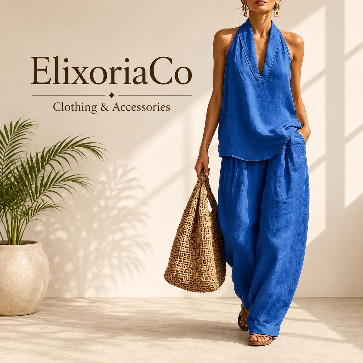 Boho Summer Two-Piece Set, Polyester Halter Top, Wide Leg Palazzo Pants - image 4